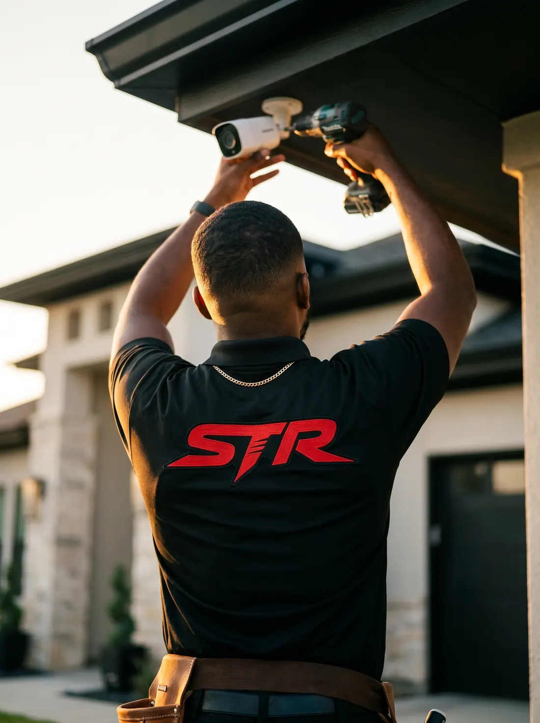 Security camera installation technician working on a mounted outdoor camera