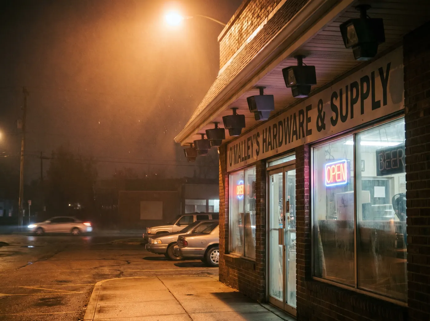 Commercial surveillance system camera mounted in warehouse