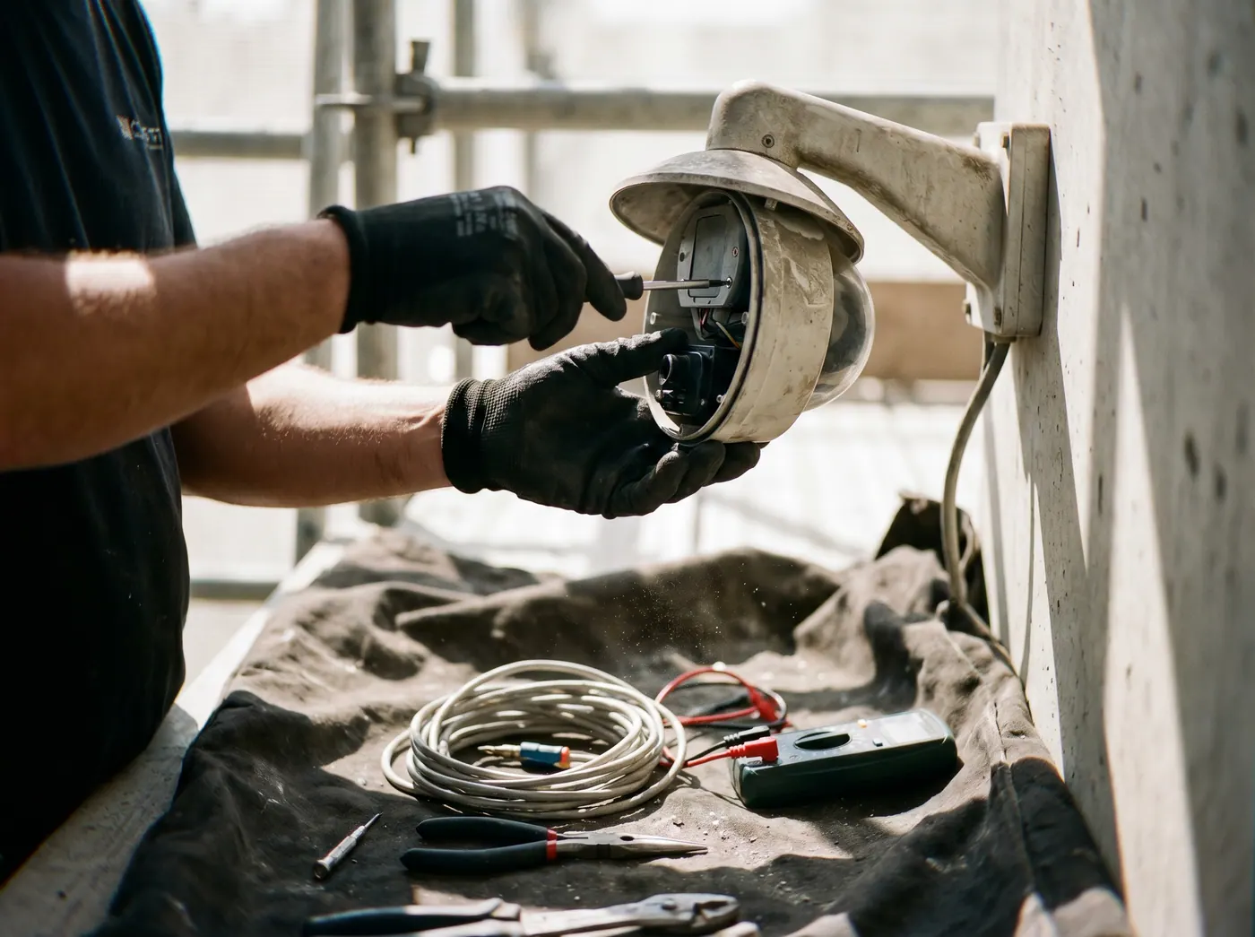 Technician servicing and upgrading existing CCTV system